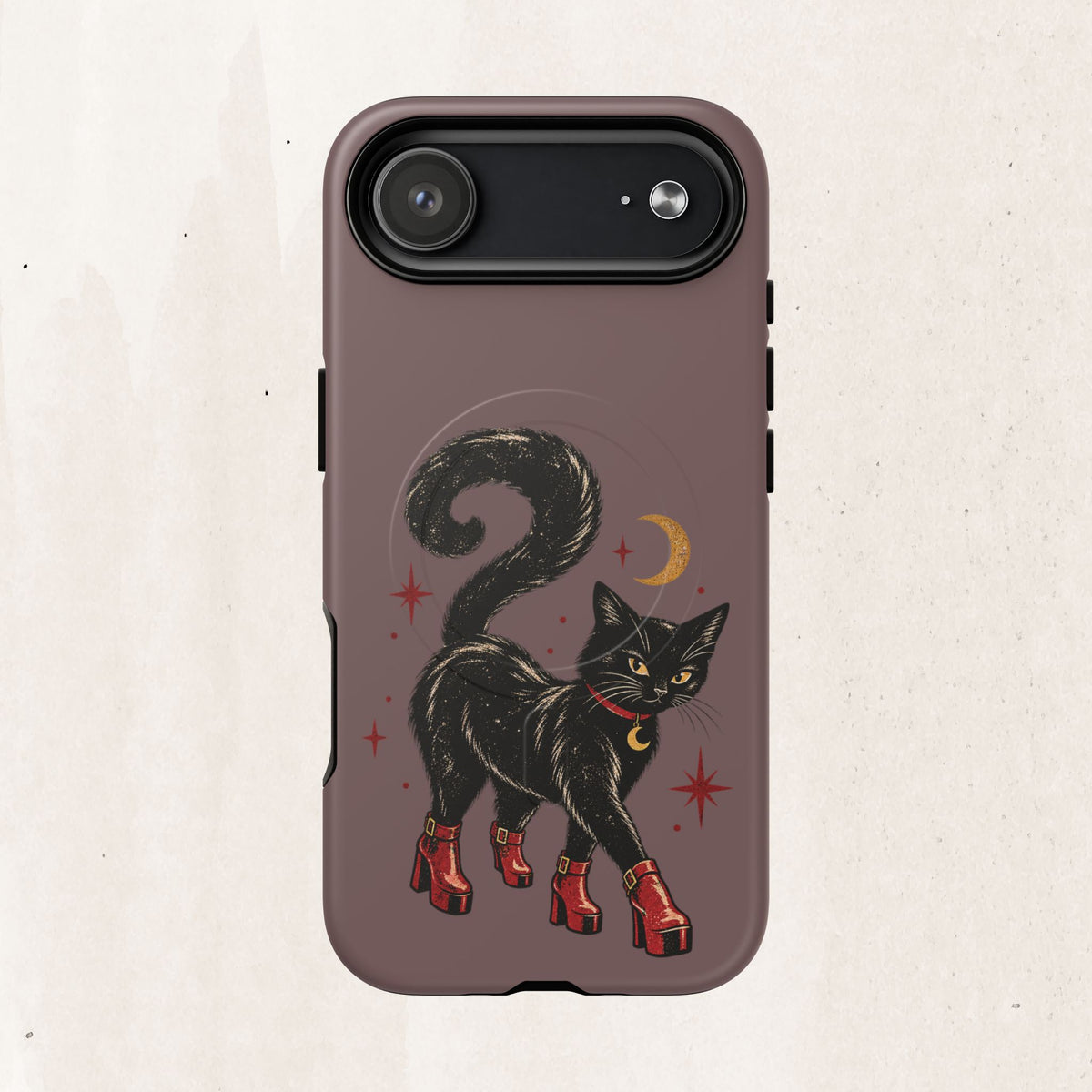 Magnetic Phone Case — Black Cat in Red Boots Design