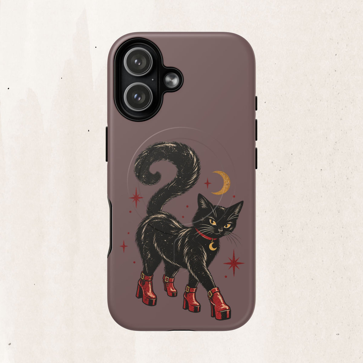 Magnetic Phone Case — Black Cat in Red Boots Design