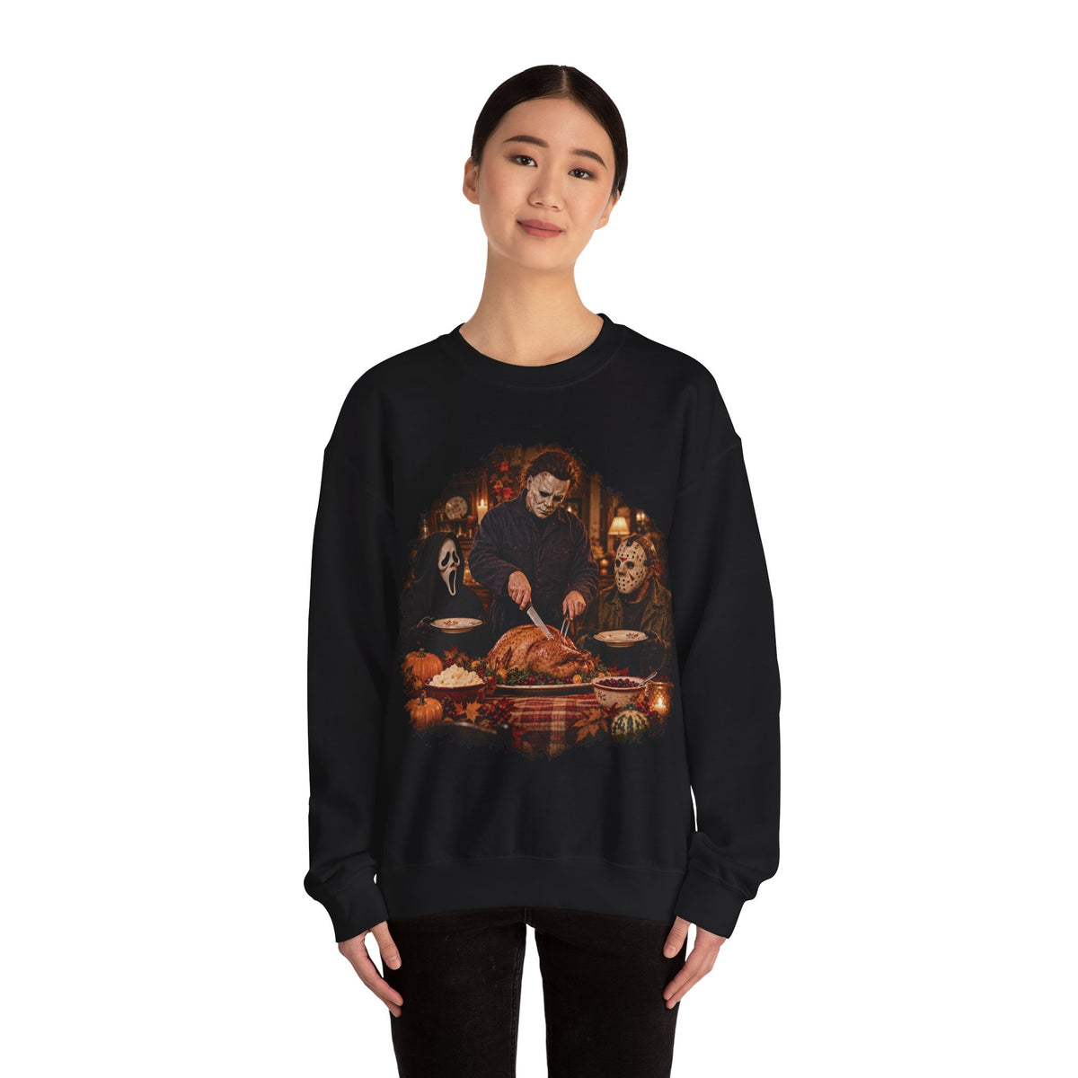 Woman wearing the Michael Myers, Ghostface and Jason Thanksgiving sweatshirt in Black, front view