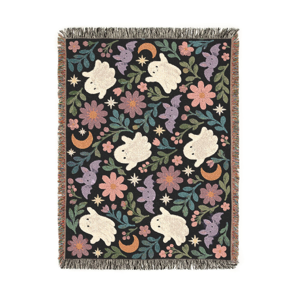 Spooky Ghosts and Floral Moon Woven Blanket Printify