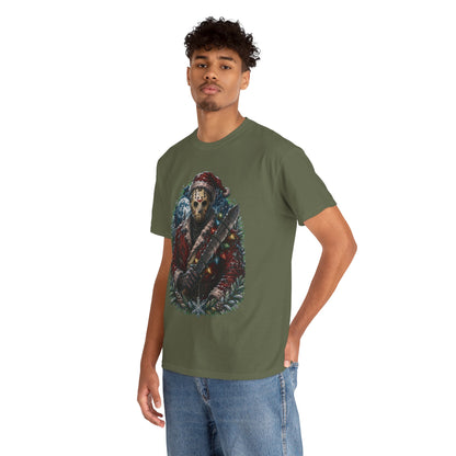 Horror Christmas Tee — Jason Holiday Killer Mask with Festive Machete