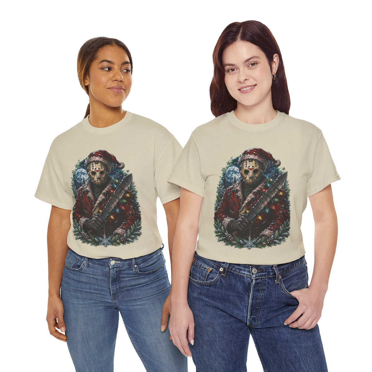 Horror Christmas Tee — Jason Holiday Killer Mask with Festive Machete