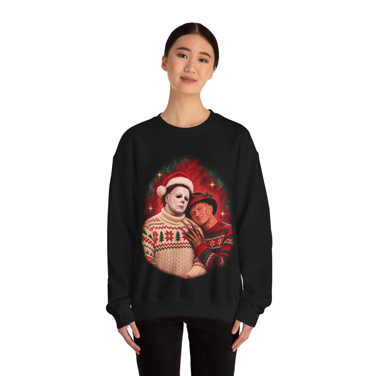 Freddy Krueger and Michael Myers 80s glamour portrait horror Christmas sweatshirt