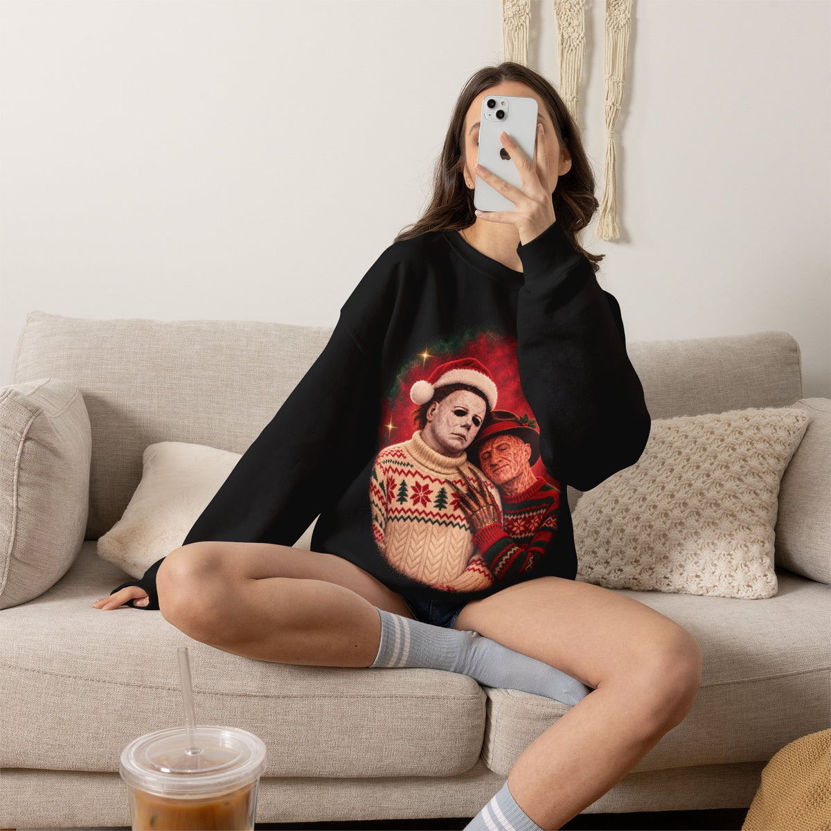 Freddy Krueger and Michael Myers 80s glamour portrait horror Christmas sweatshirt
