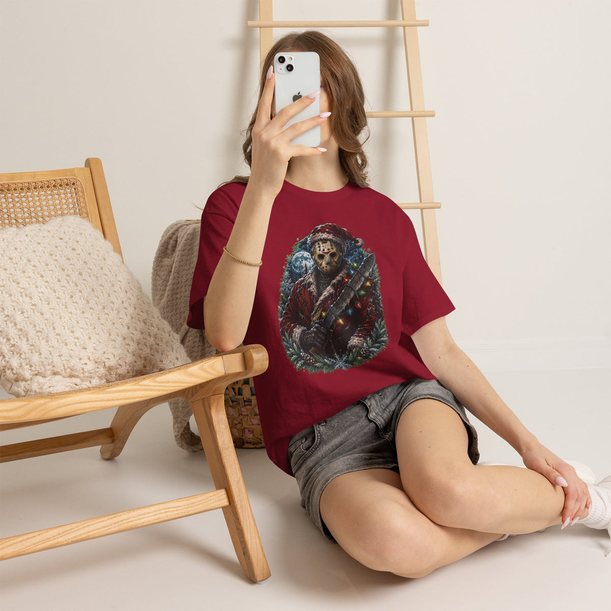 Horror Christmas Tee — Jason Holiday Killer Mask with Festive Machete