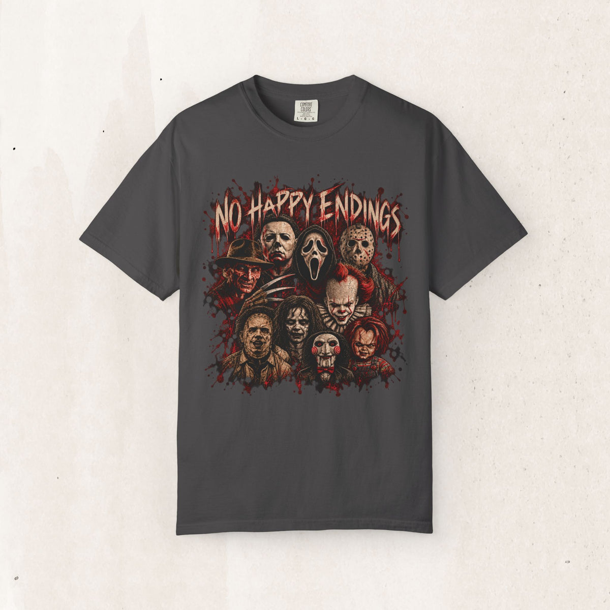 No Happy Endings Tee – Retro Horror Movie Graphic Shirt – Graphite