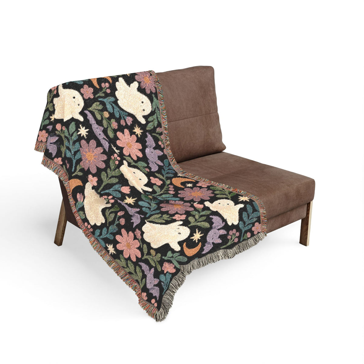 Spooky Ghosts and Floral Moon Woven Blanket Printify