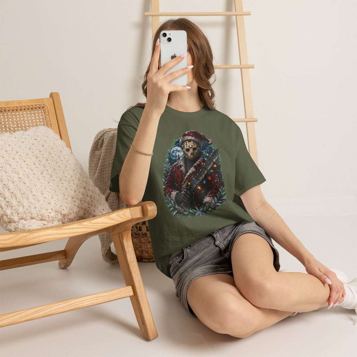 Horror Christmas Tee — Jason Holiday Killer Mask with Festive Machete