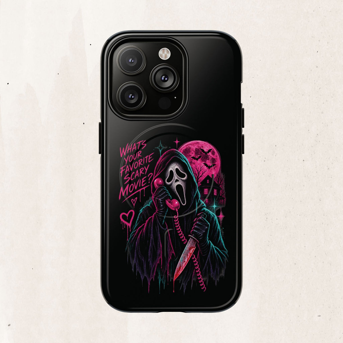 Magnetic Phone Case — Neon 'What's Your Favorite Scary Movie?' Horror Design