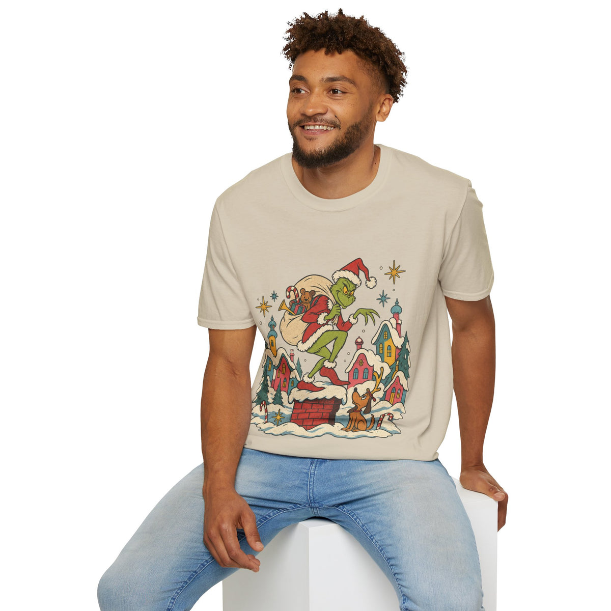Grinch Graphic Tee' Vintage Holiday Crewneck, Unisex Retro Fit Co Printify