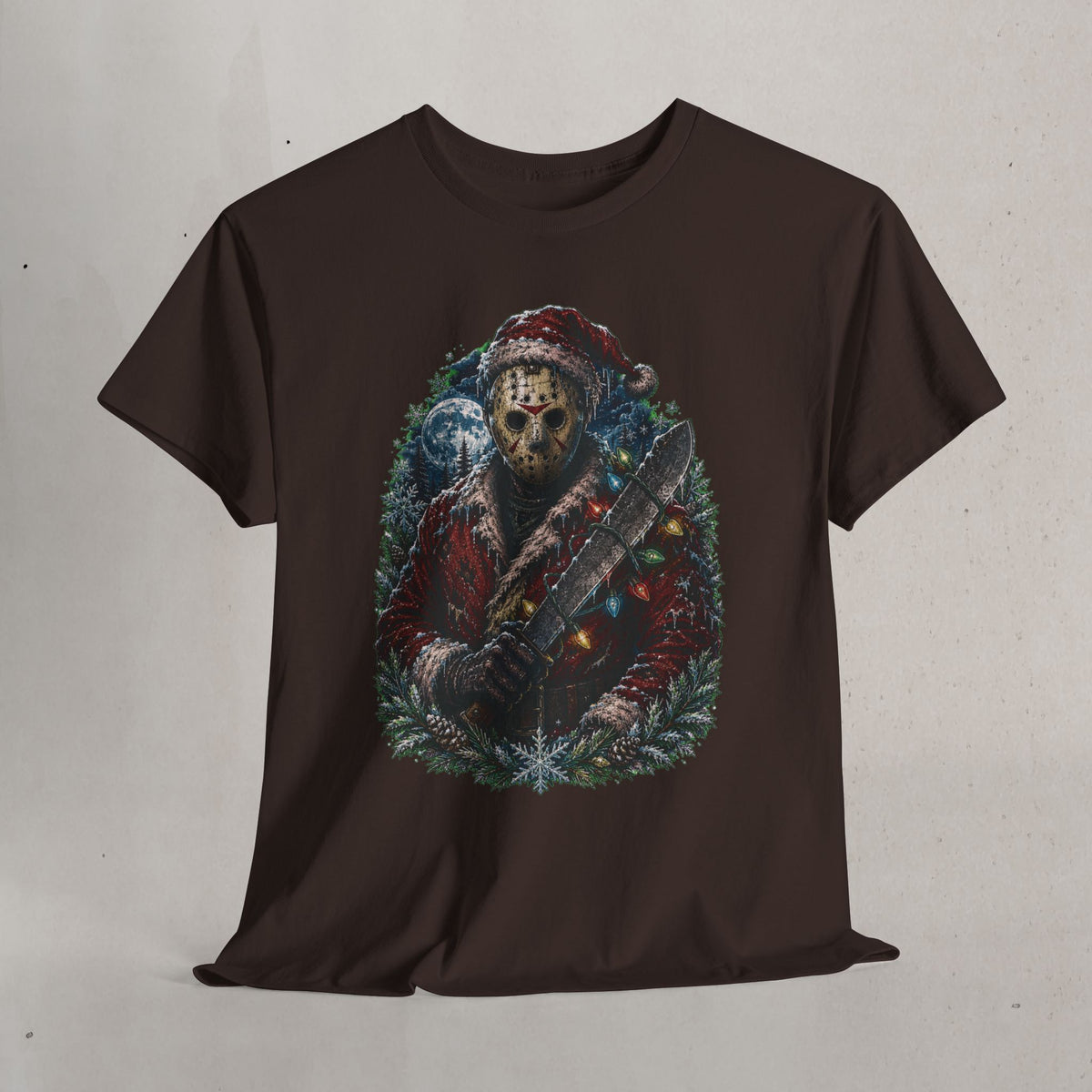 Horror Christmas Tee — Jason Holiday Killer Mask with Festive Machete