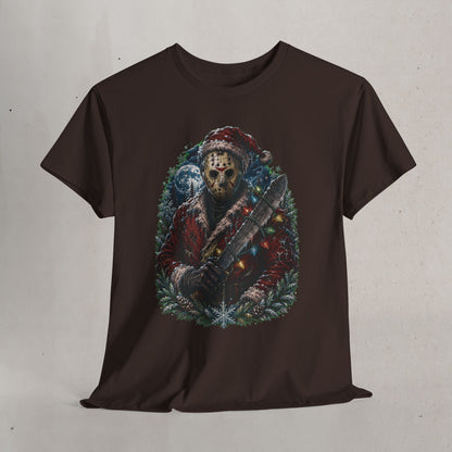 Horror Christmas Tee — Jason Holiday Killer Mask with Festive Machete