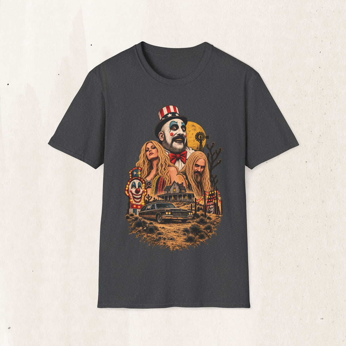 Captain Spaulding Horror Tee — Retro "House of 1000 Corpses" Clown Collage