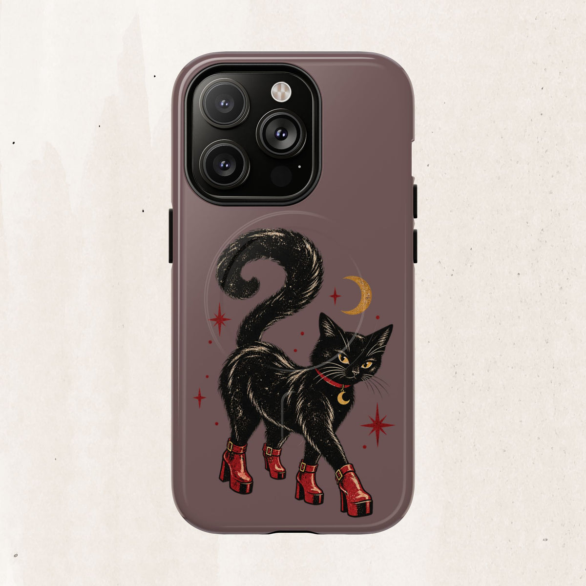 Magnetic Phone Case — Black Cat in Red Boots Design