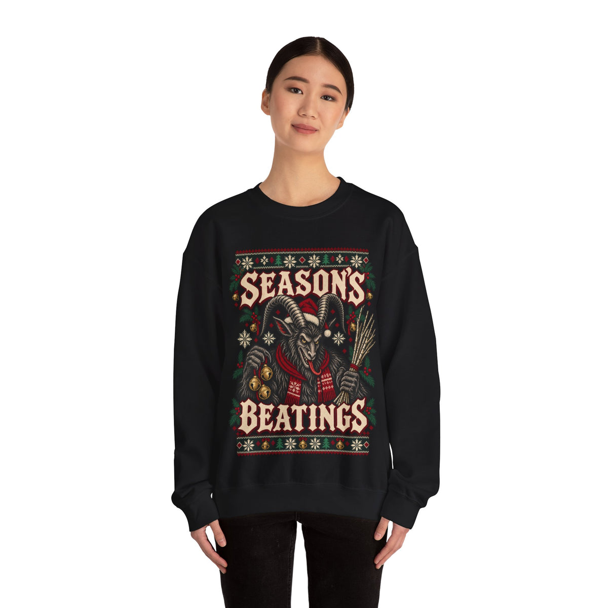 Seasons Beatings Krampus Ugly Christmas Sweatshirt in Red, alternate view