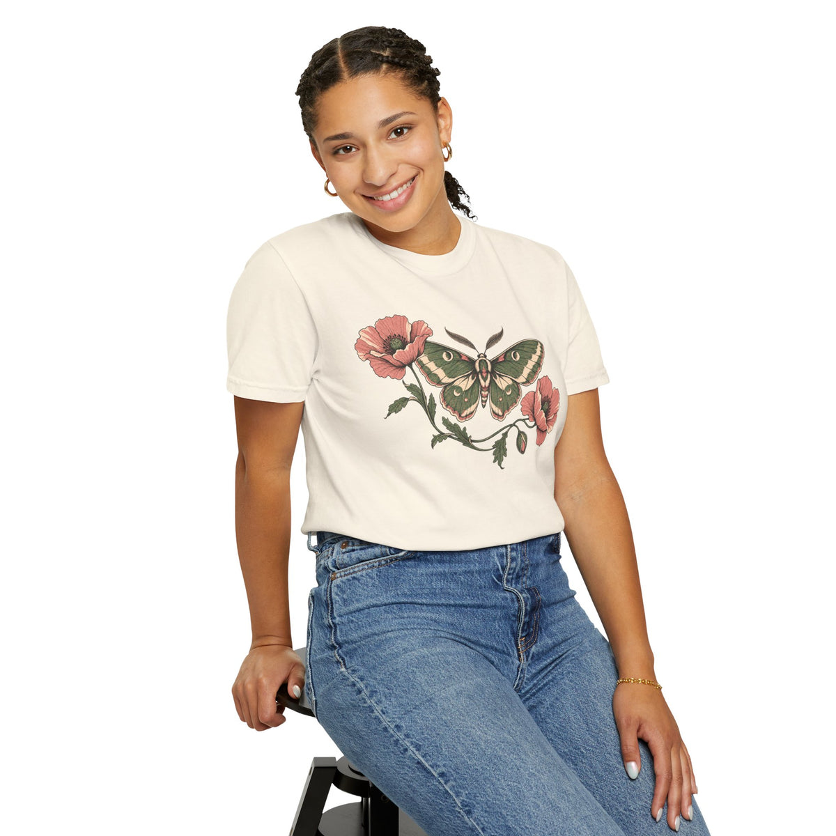 Vintage Moth and Poppy Botanical Tee in Ivory, alternate view