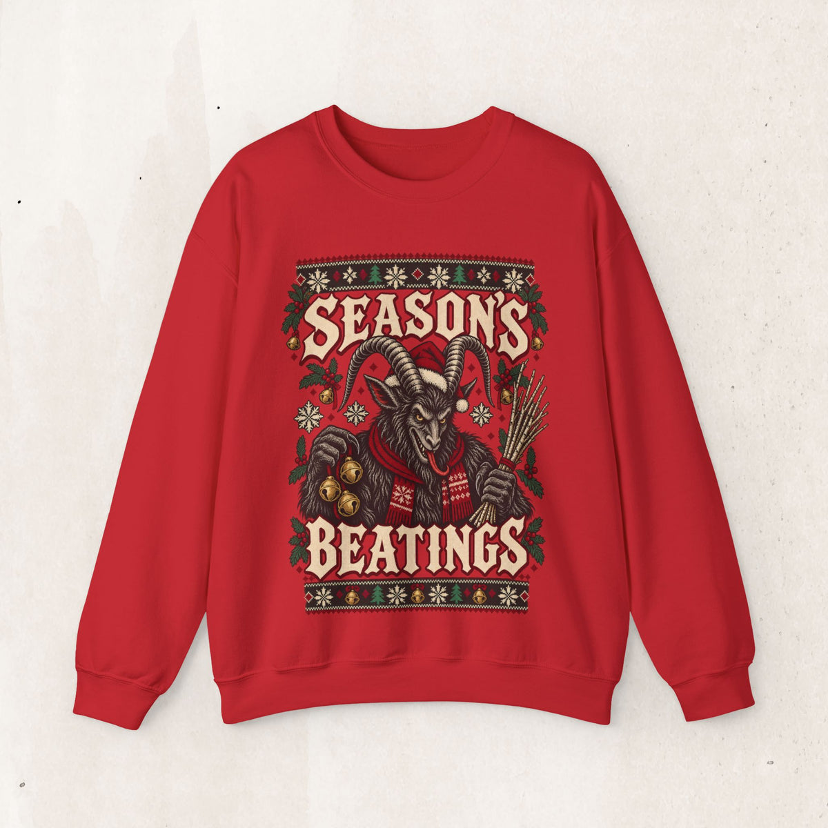 Seasons Beatings Krampus Ugly Christmas Sweatshirt – Red