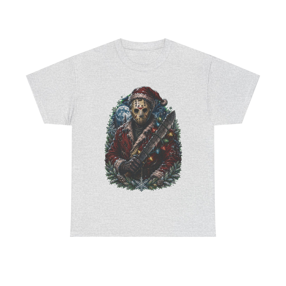 Horror Christmas Tee — Jason Holiday Killer Mask with Festive Machete