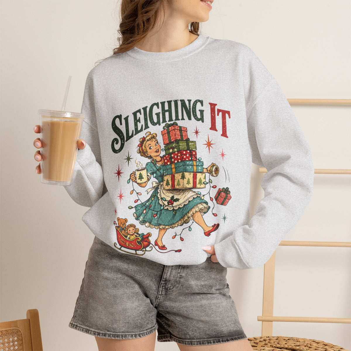 Sleighing It Christmas Crewneck Sweatshirt — Retro Holiday Gifts Design Printify