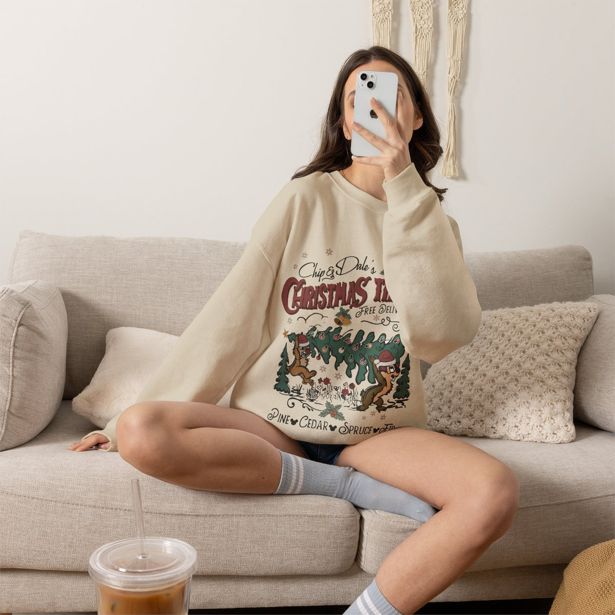 Chip&Dale Christmas Trees Holiday Crewneck Sweatshirt in Sand, alternate view