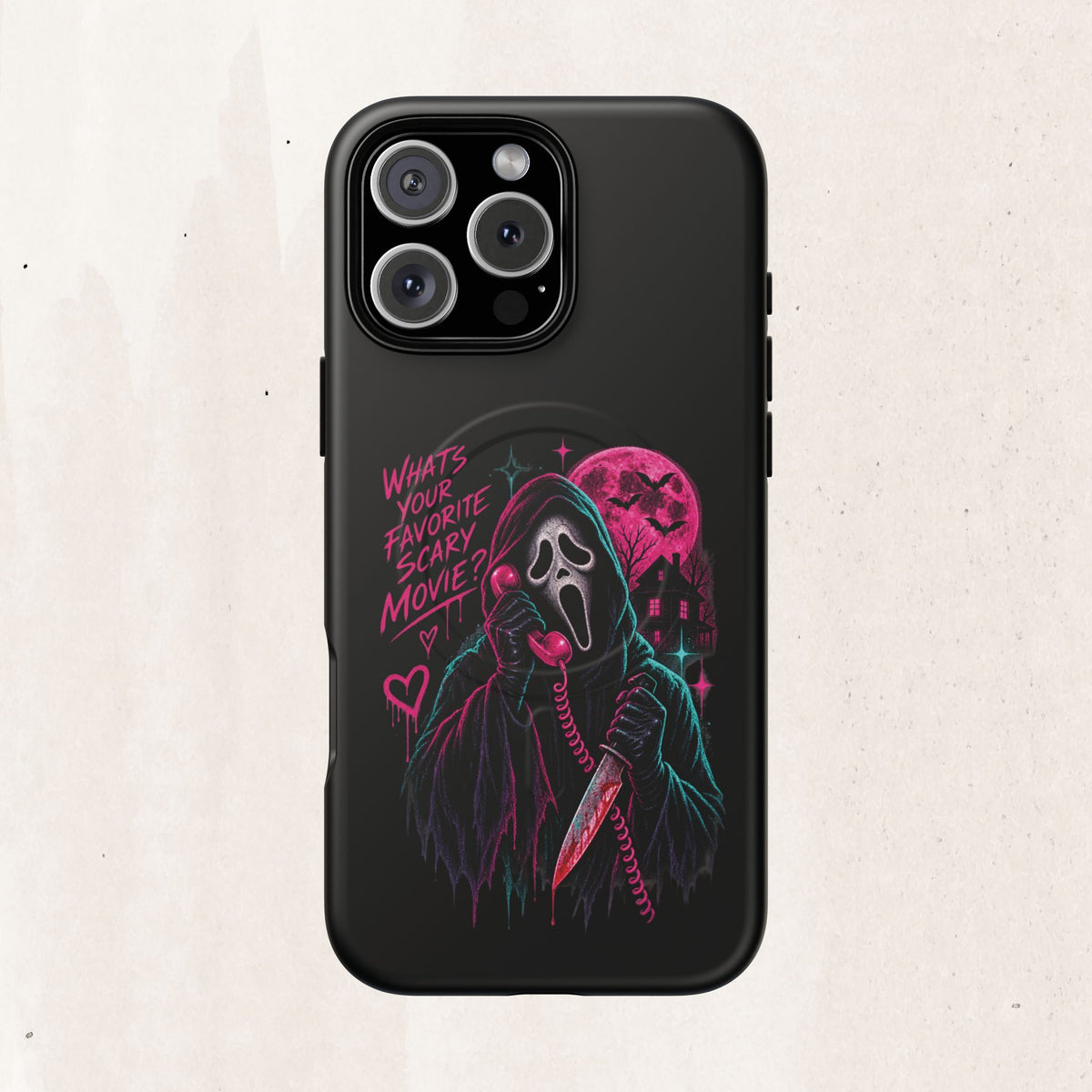 Magnetic Phone Case — Neon 'What's Your Favorite Scary Movie?' Horror Design