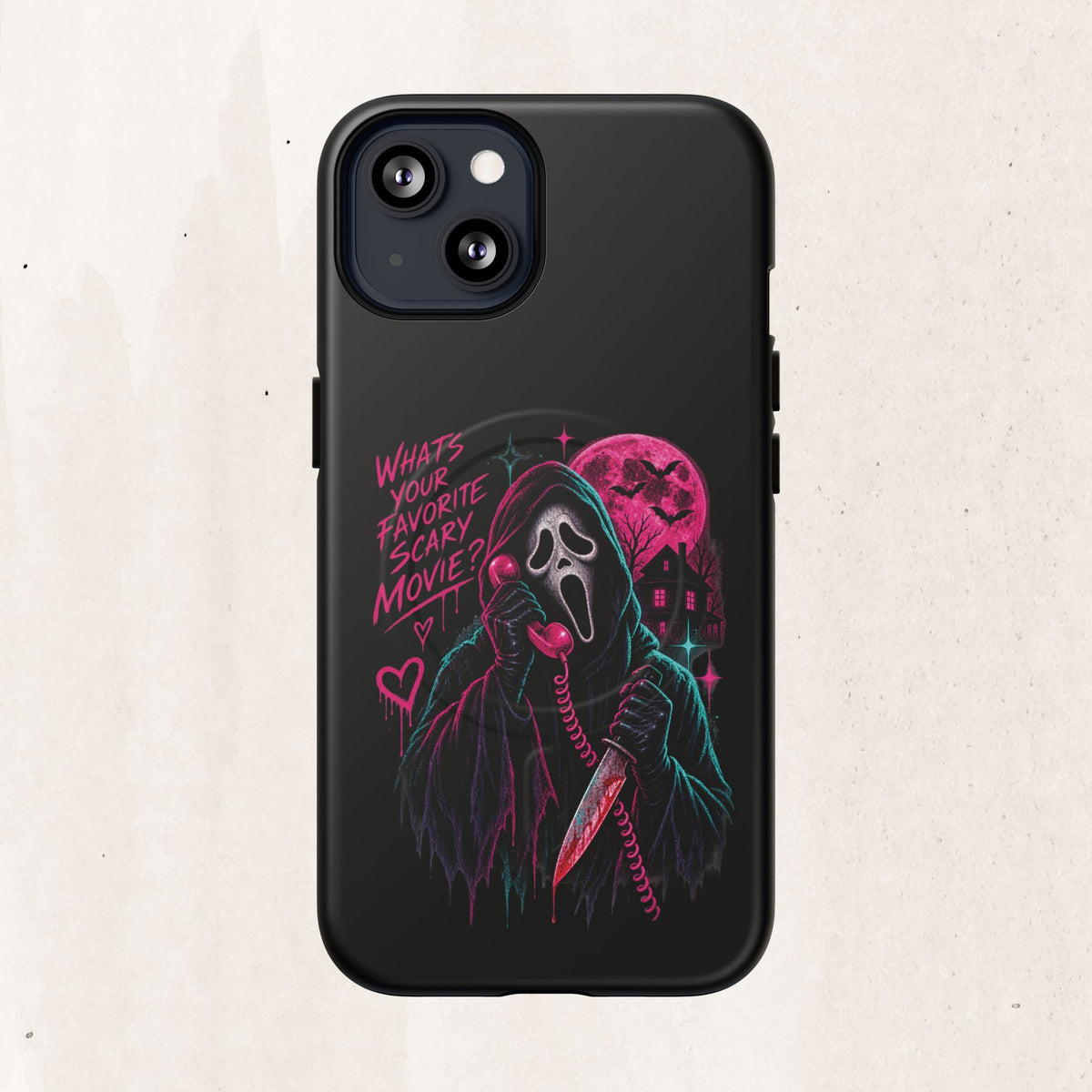 Magnetic Phone Case — Neon 'What's Your Favorite Scary Movie?' Horror Design