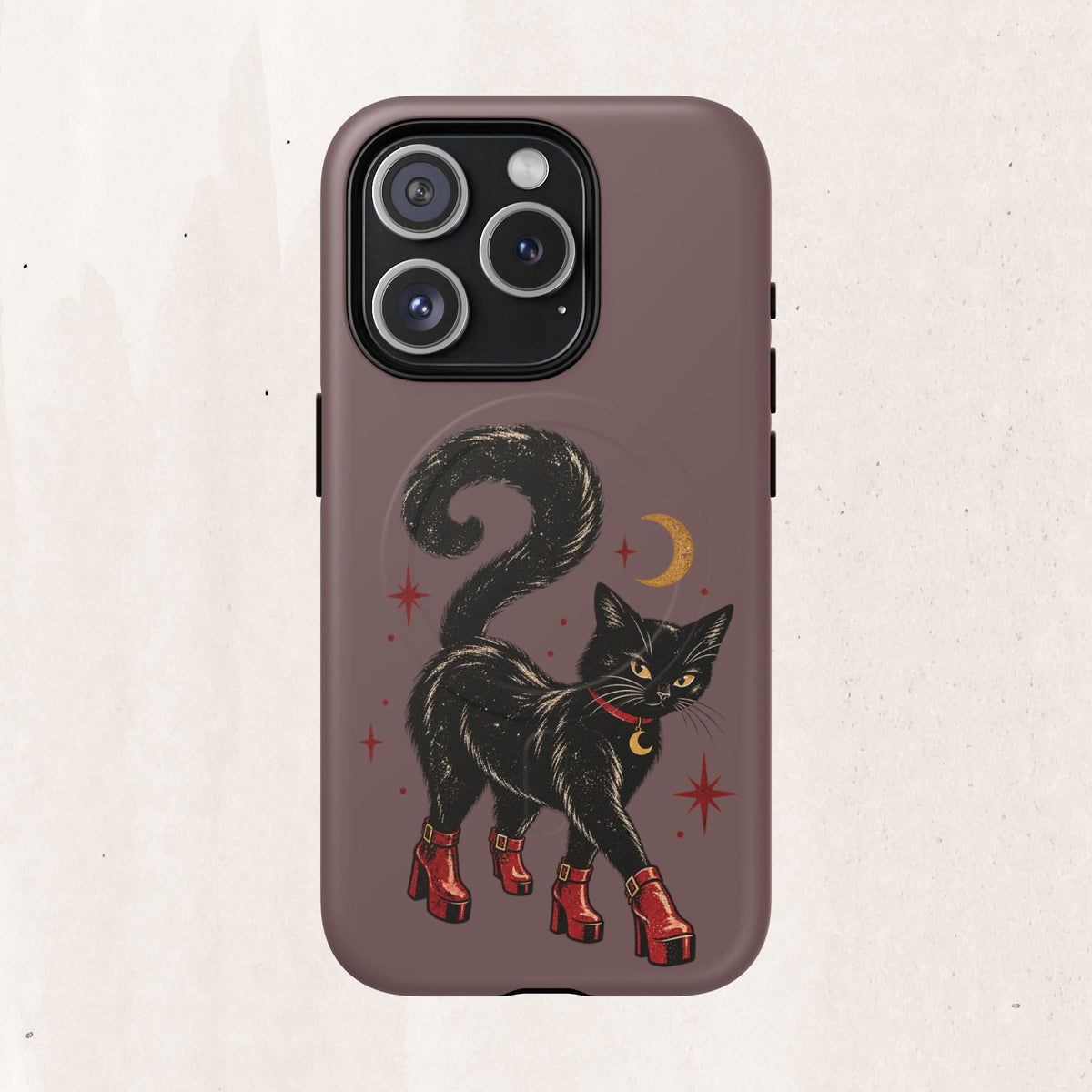 Magnetic Phone Case — Black Cat in Red Boots Design