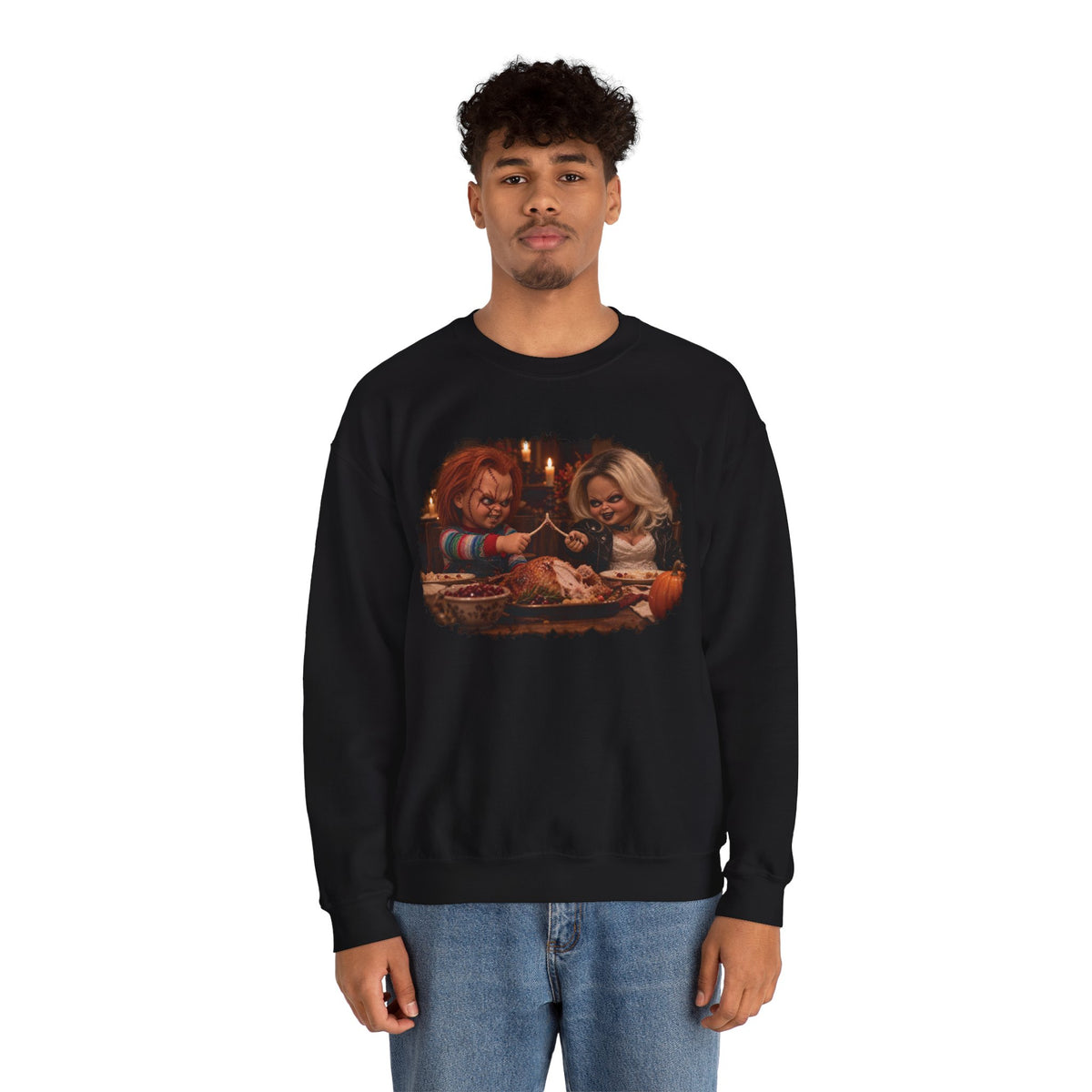 Man wearing the Chucky & Tiffany Thanksgiving wishbone sweatshirt in Black, front view