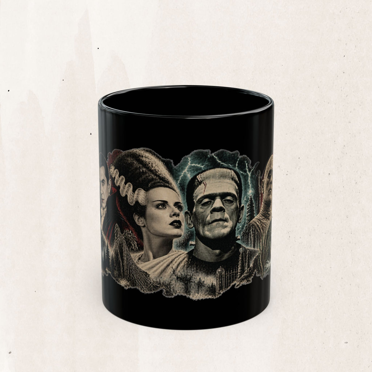 Horror Monsters Mug — Classic Universal Monsters Black Coffee Cup (11oz/15oz)