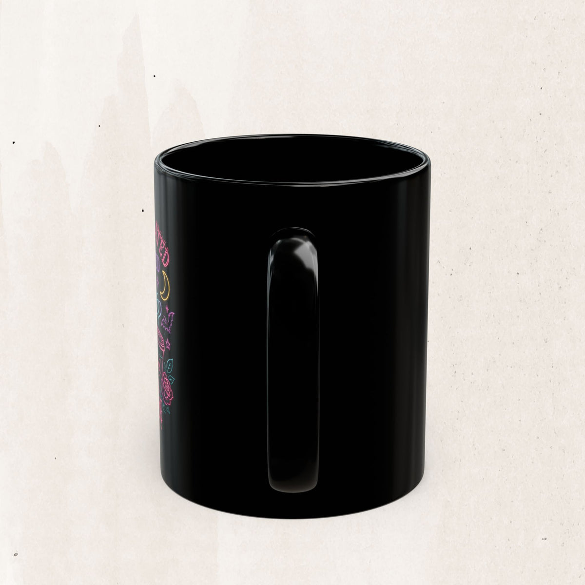 Black Cat Caffeine Mug — "Overstimulated and Caffeinated" Neon Coffee Cup
