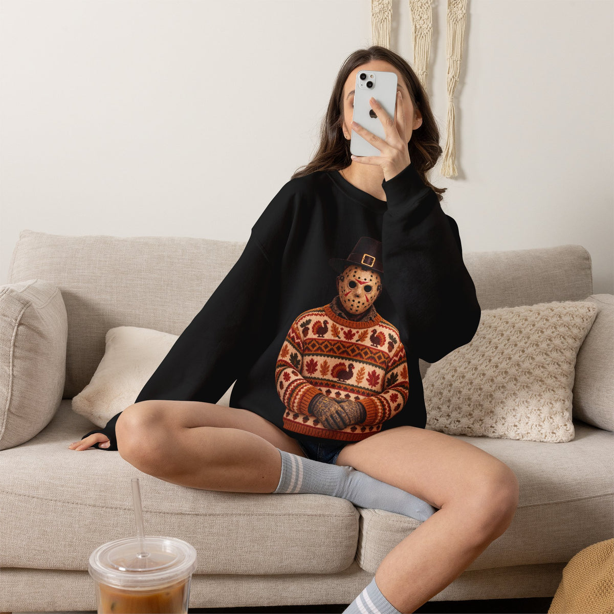 Jason Voorhees Thanksgiving horror crewneck sweatshirt in black
