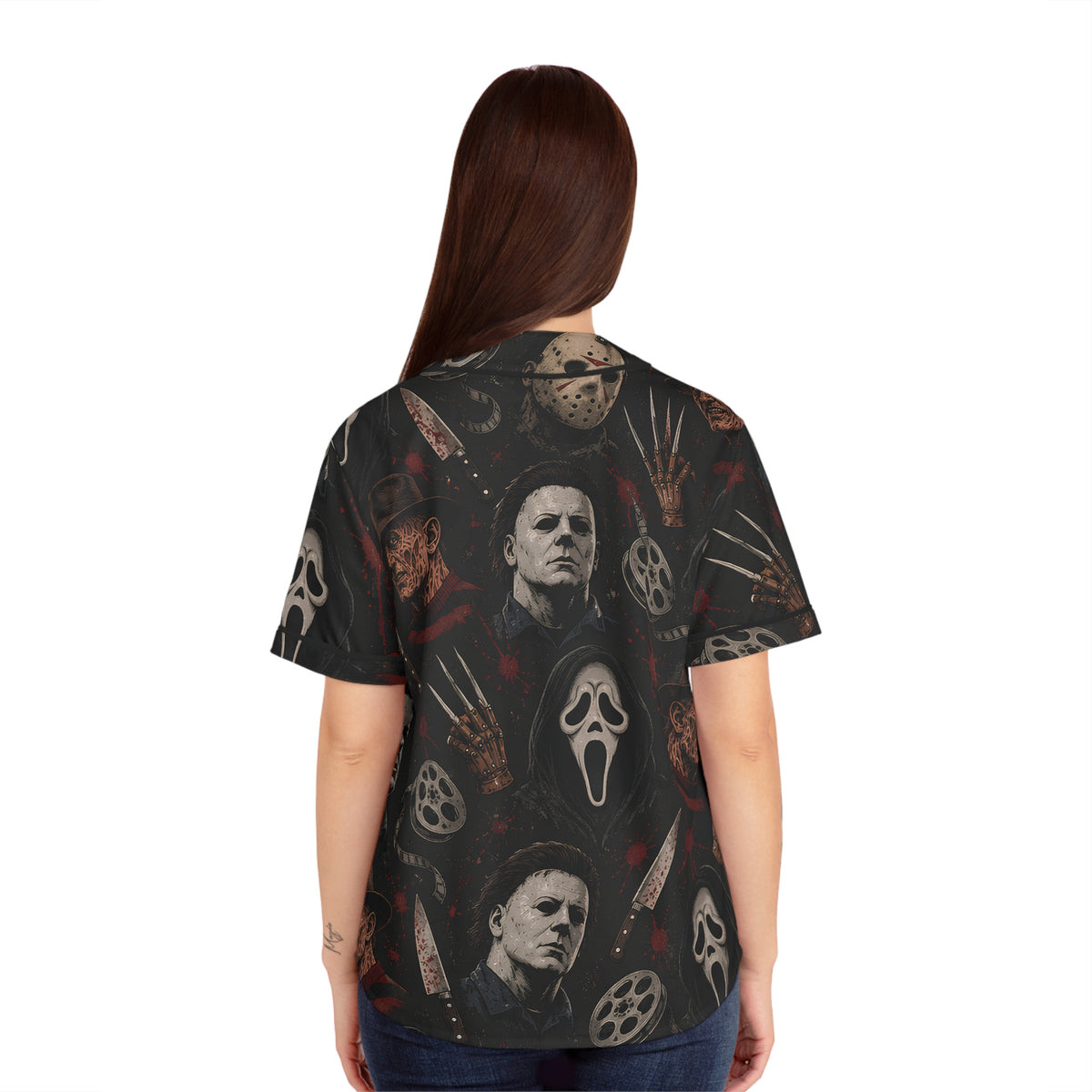 Horror Icons Baseball Jersey — All-Over Print Scary Movie Collage