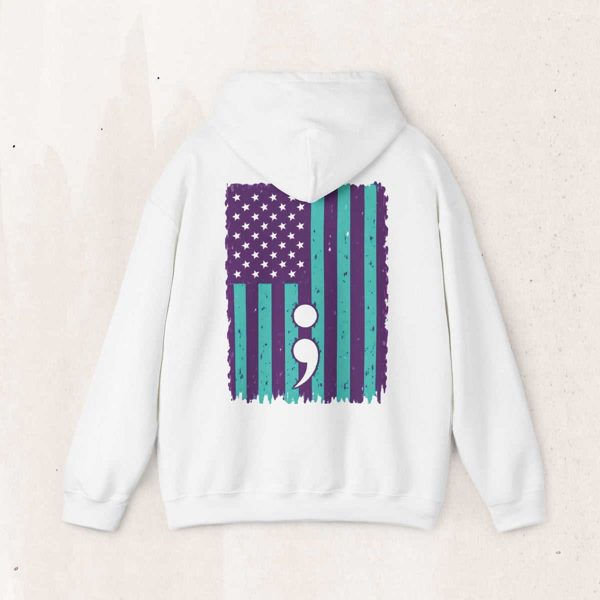 Purple and teal flag semicolon suicide awareness pullover hoodie in white