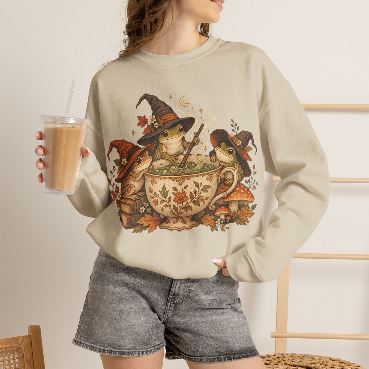 Cozy Witch Frog Tea Crewneck Sweatshirt