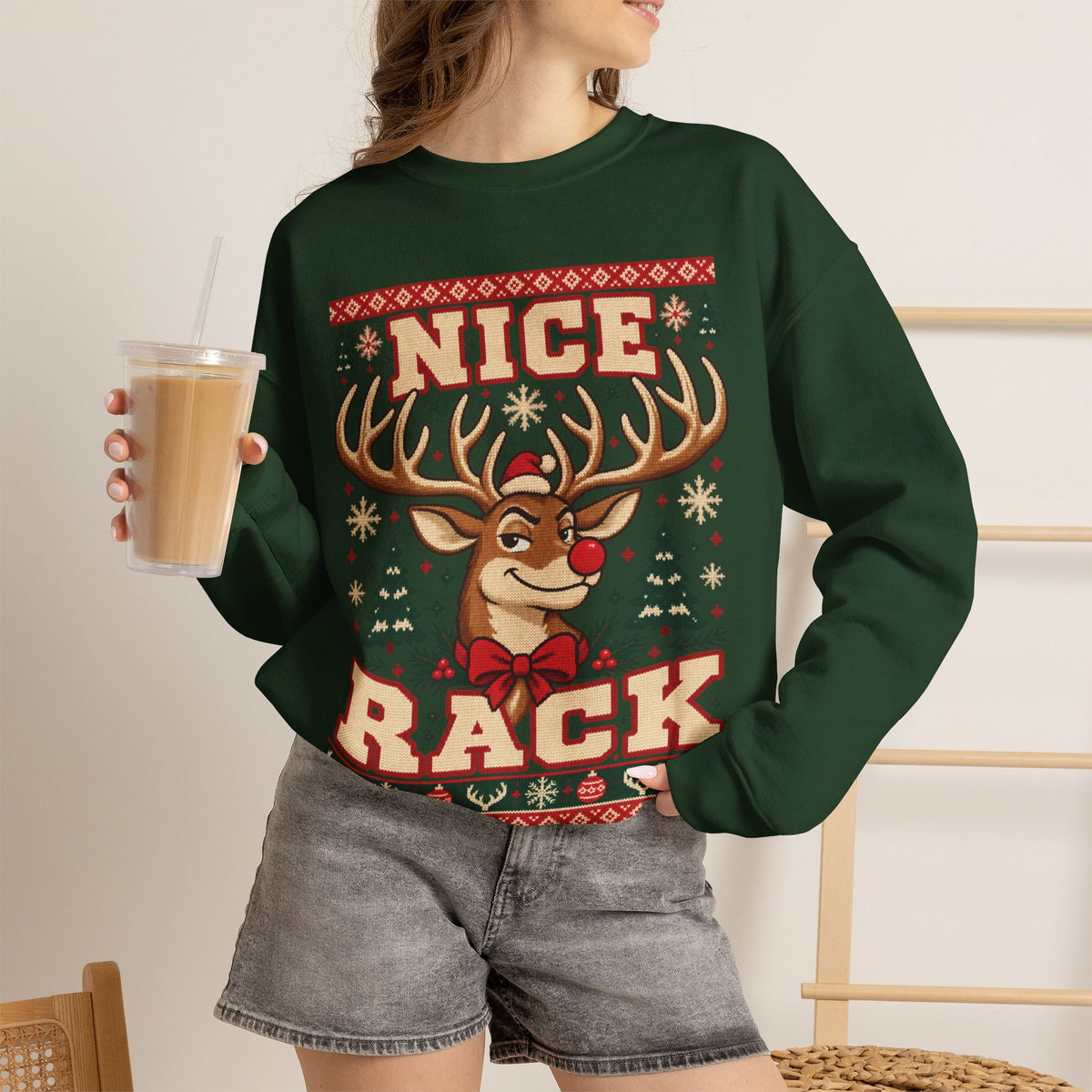 Nice Rack Reindeer Christmas Sweatshirt in Red, alternate view