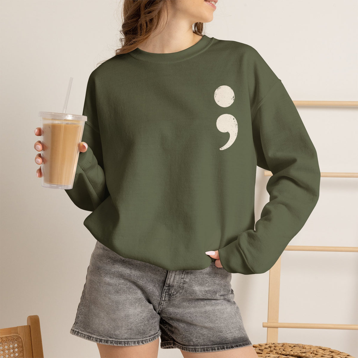 Minimalist semicolon suicide awareness crewneck sweatshirt in military green