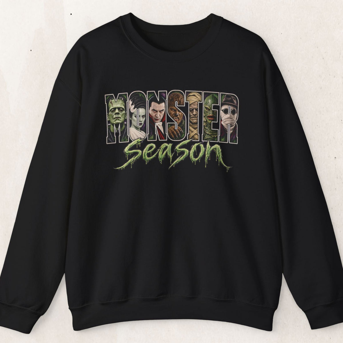 Monster Season Sweatshirt – Vintage Creature Feature Crewneck – Black