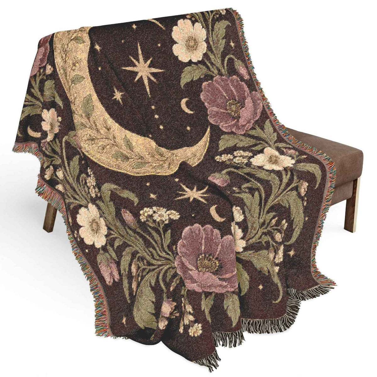 Celestial Moon and Floral Woven Blanket