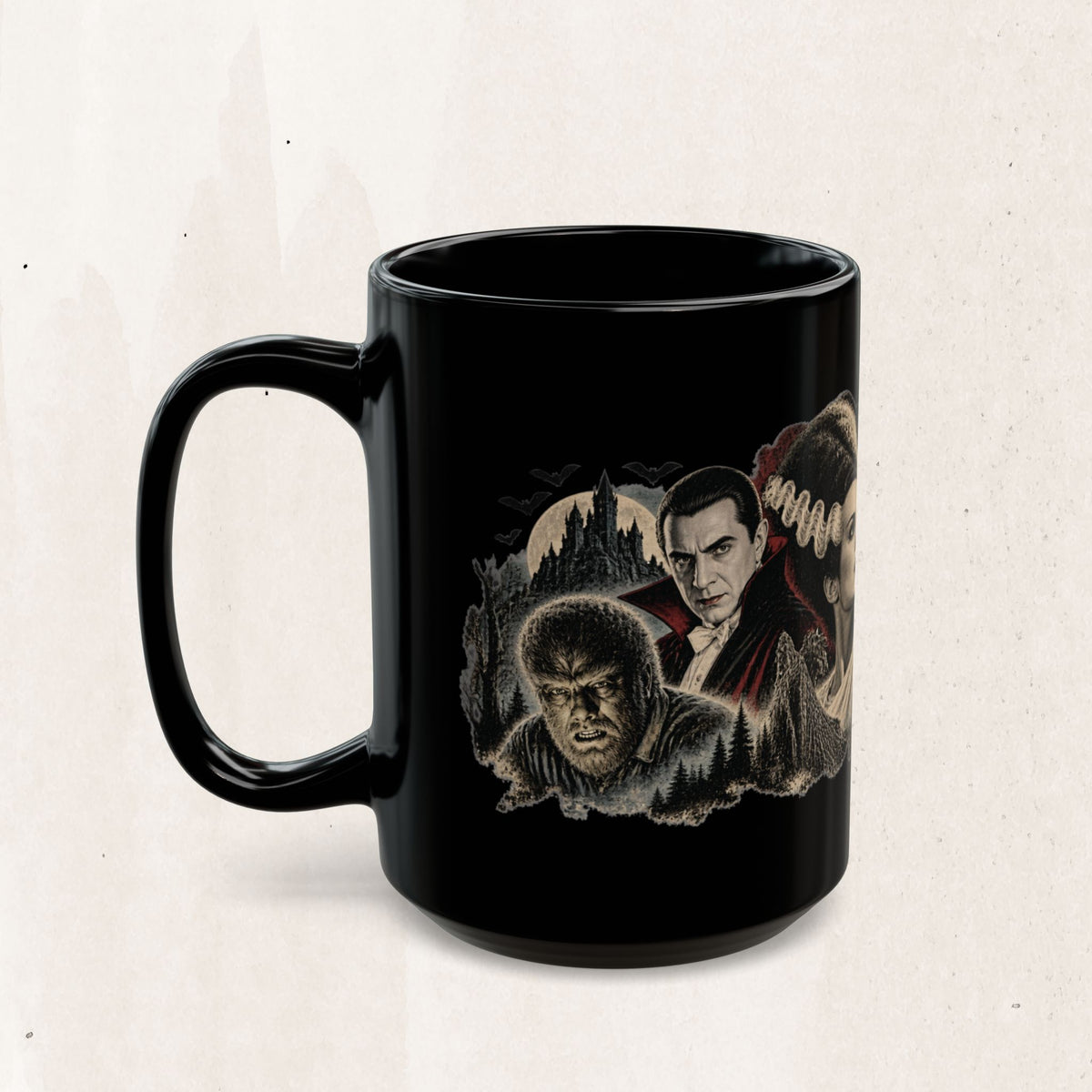 Horror Monsters Mug — Classic Universal Monsters Black Coffee Cup (11oz/15oz)