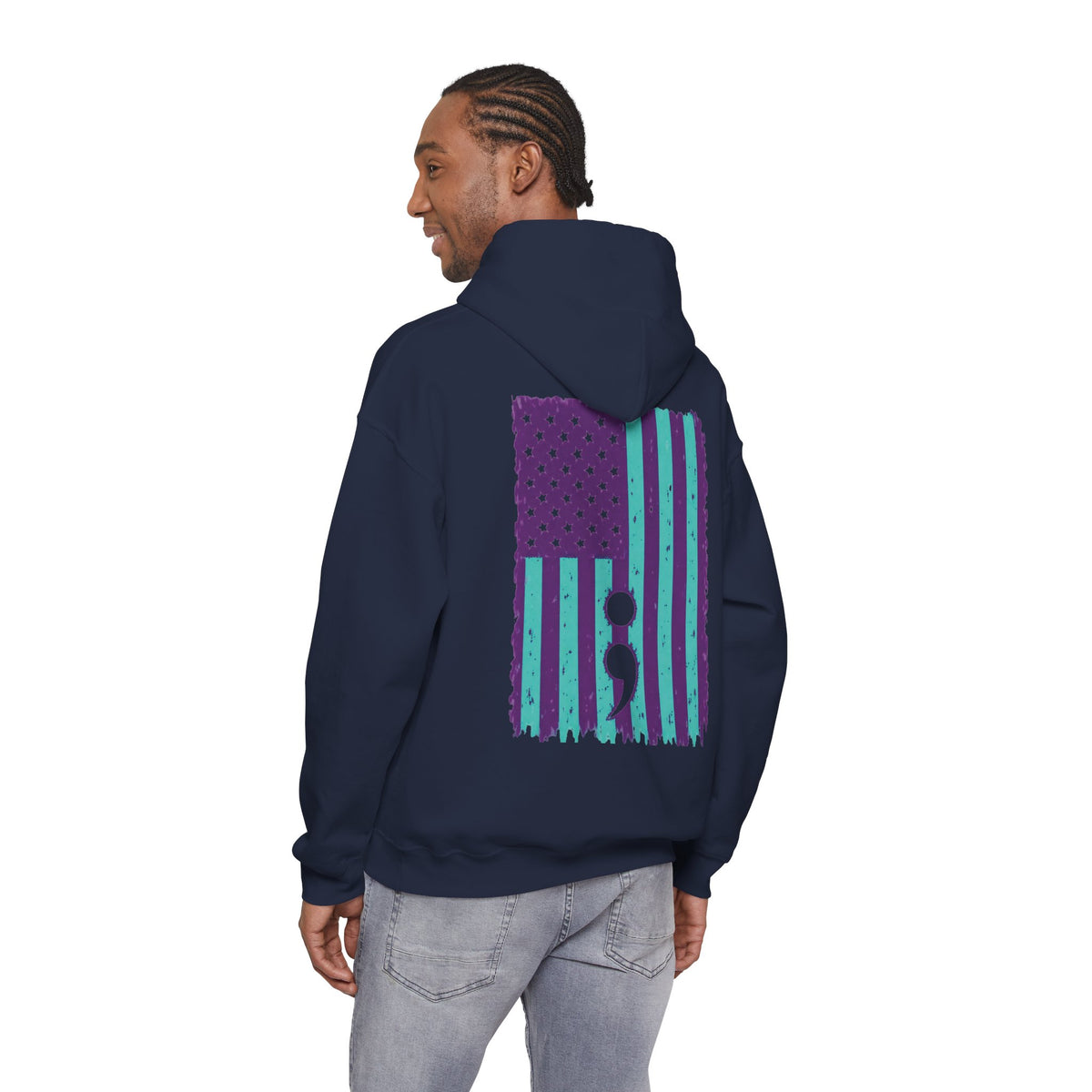 Purple and teal flag semicolon suicide awareness pullover hoodie in navy