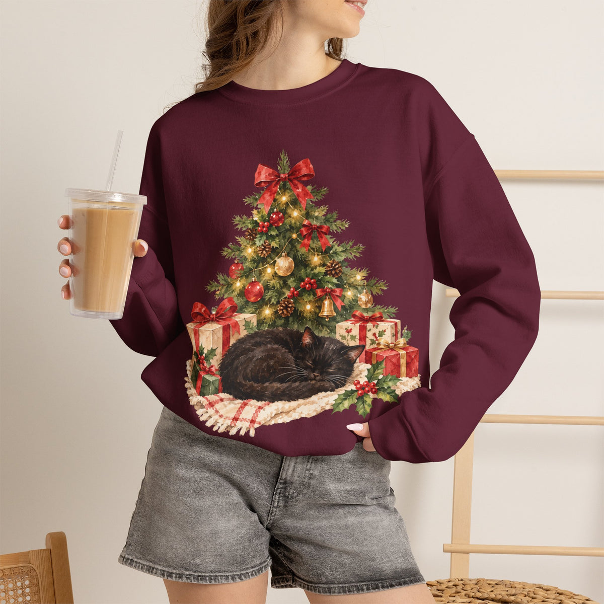 Christmas Tree Cat Sweatshirt, Cat Christmas Crewneck