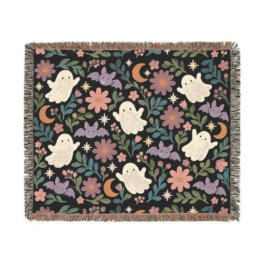 Spooky Ghosts and Floral Moon Woven Blanket Printify
