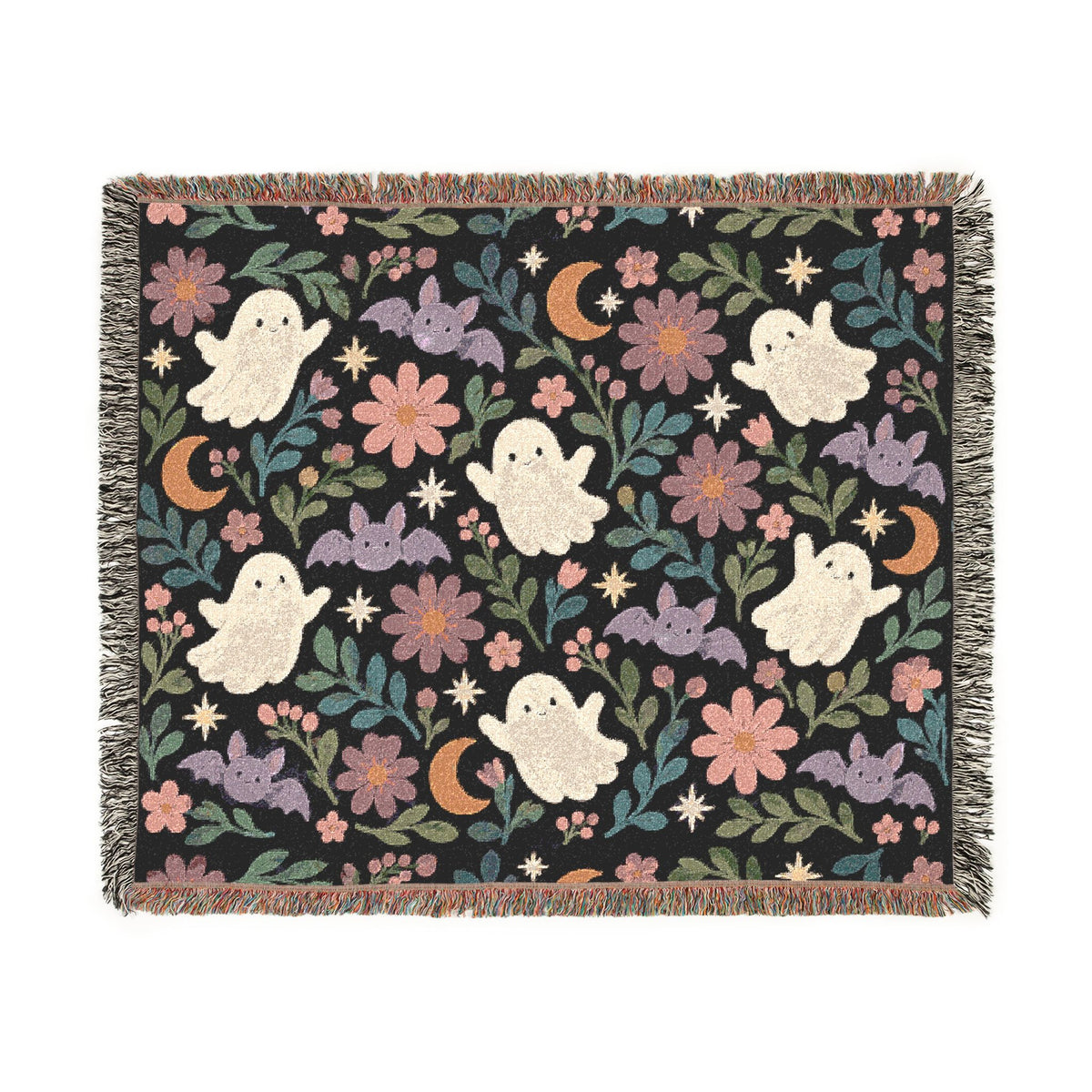 Spooky Ghosts and Floral Moon Woven Blanket Printify
