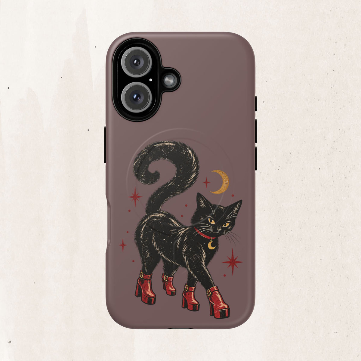 Magnetic Phone Case — Black Cat in Red Boots Design