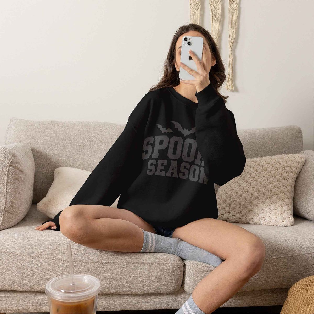 Spooky Season Sweatshirt - Halloween Bat Crewneck in White, alternate view