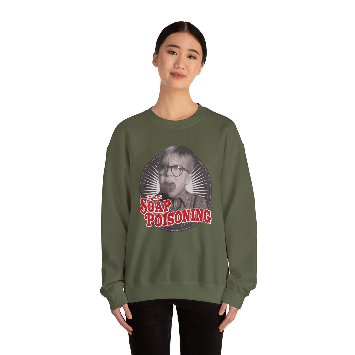 A Christmas Story Soap Poisoning Funny Crewneck Sweatshirt in Red, alternate view