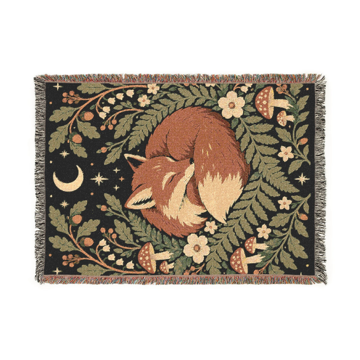 Fox Moon Woven Blanket — Cozy Floral Woodland Throw Printify