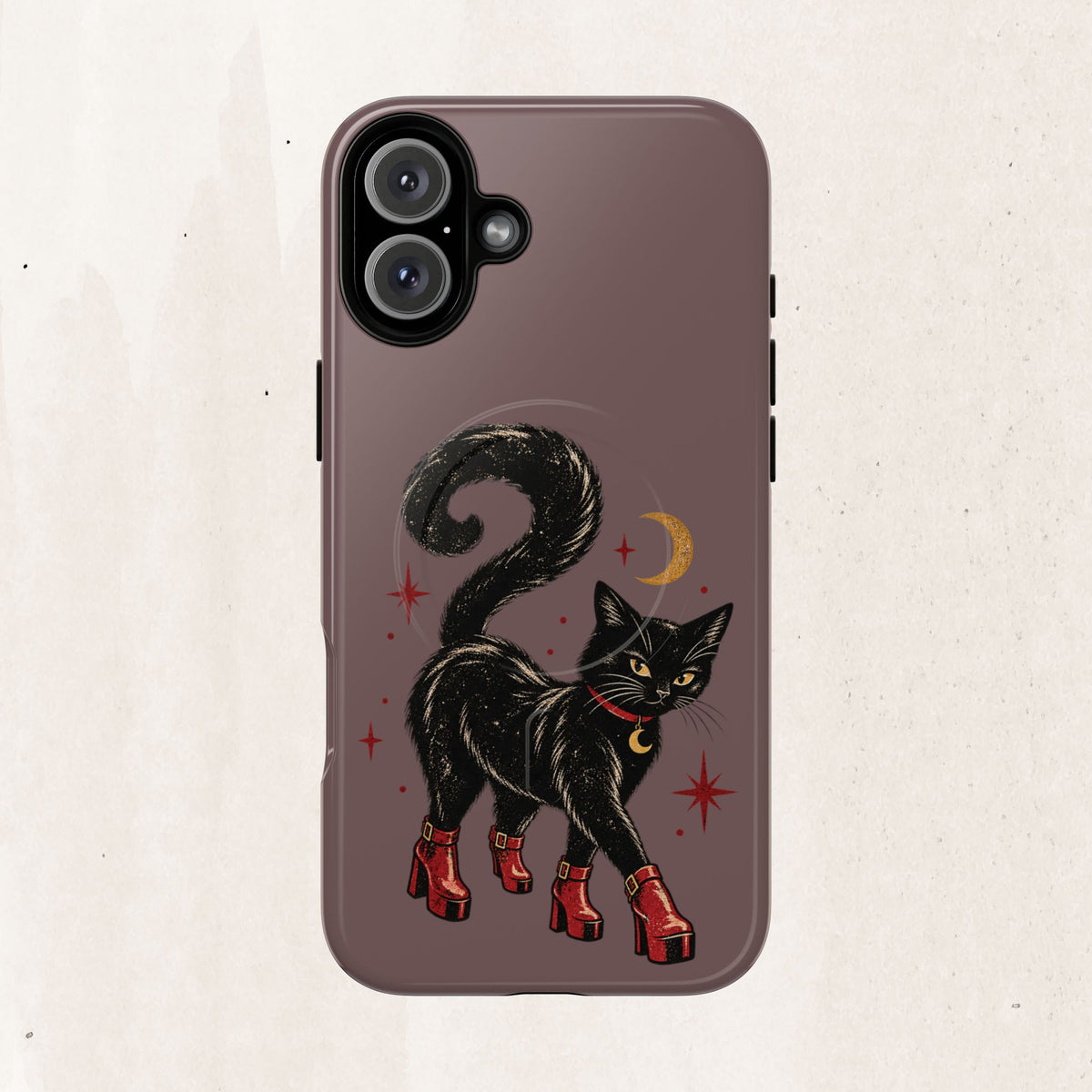 Magnetic Phone Case — Black Cat in Red Boots Design