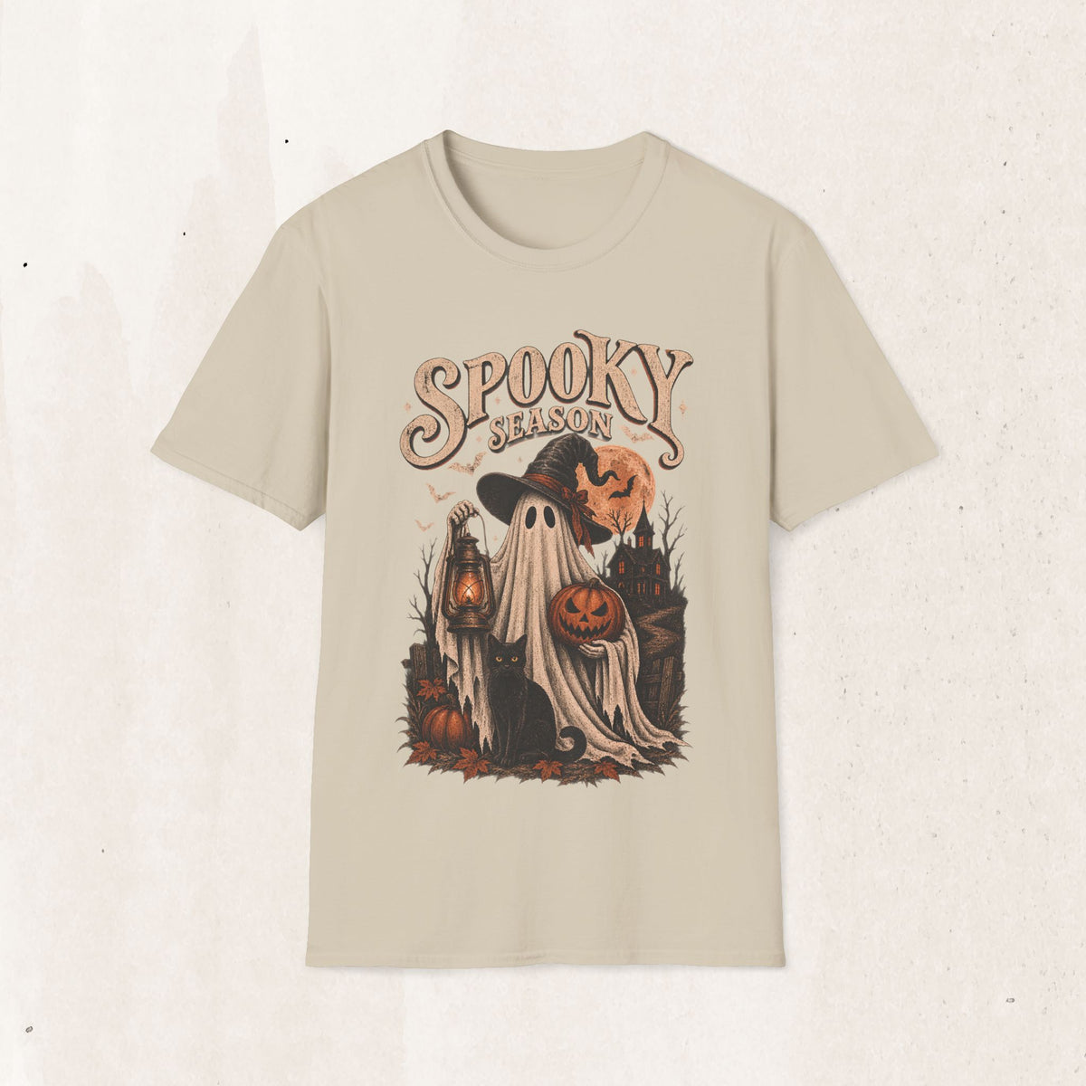 Spooky Season Graphic Tee – Vintage Ghost & Witch Hat Shirt – Sand