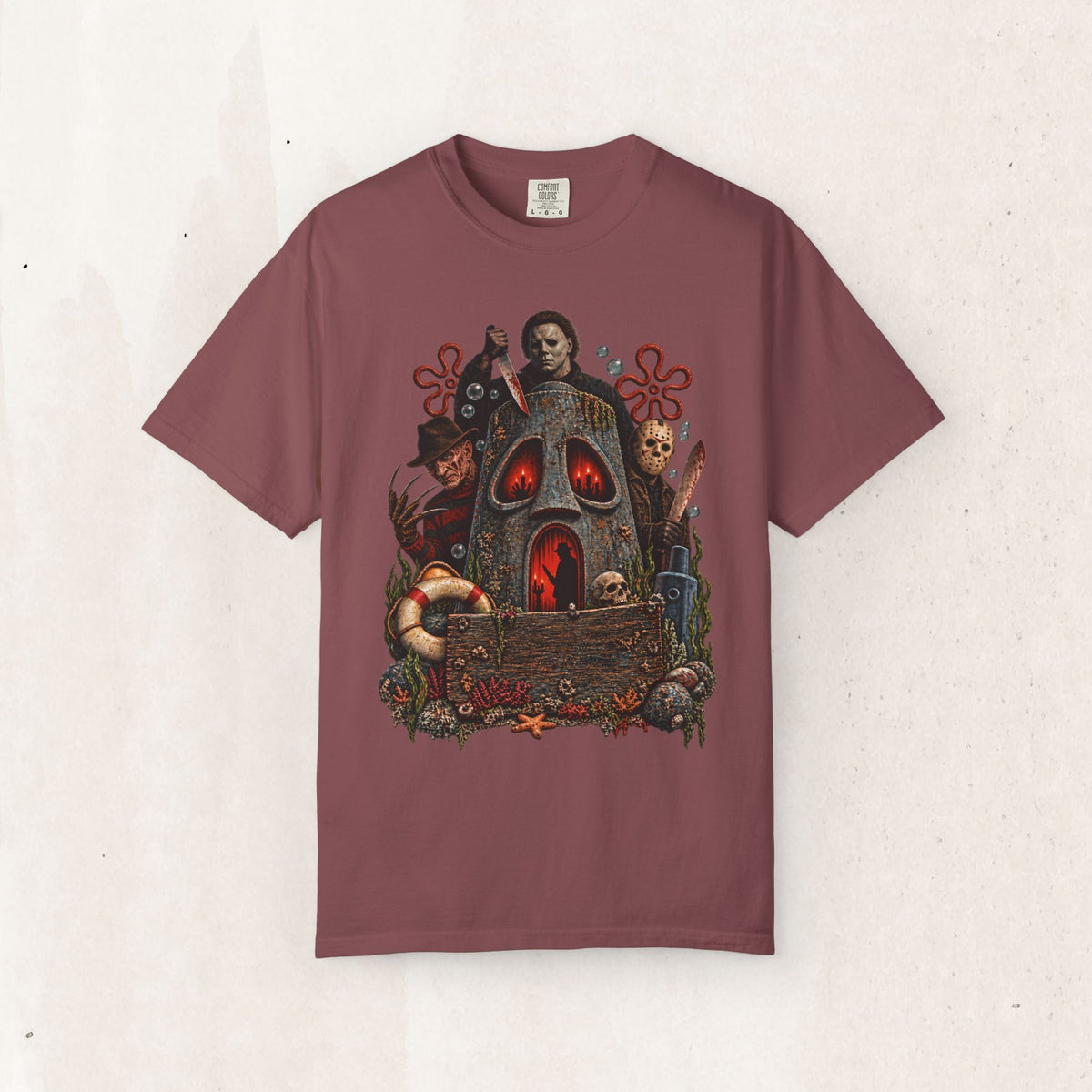 Bikini Bottom Horror Tee – Retro Cartoon Slasher Shirt – Brick